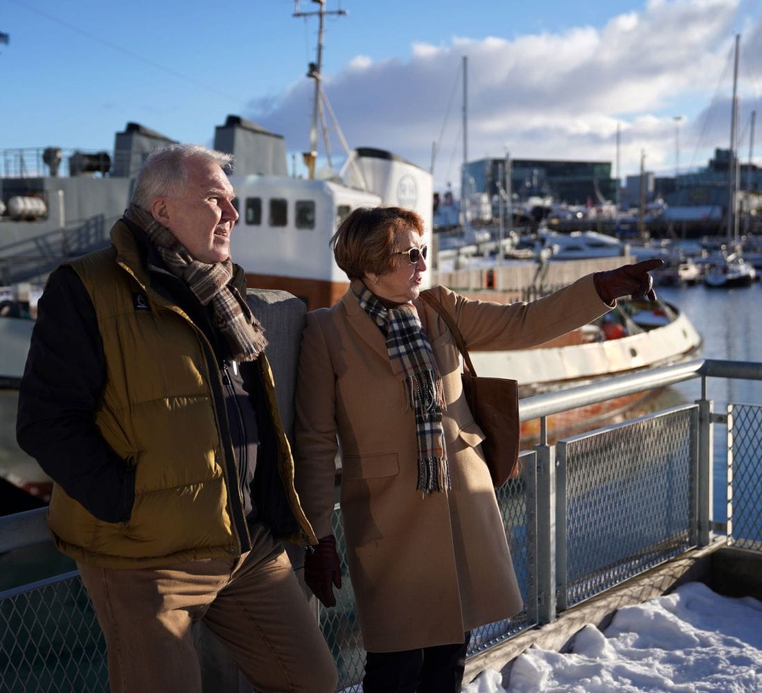 Fólk að tala saman á bryggju og benda